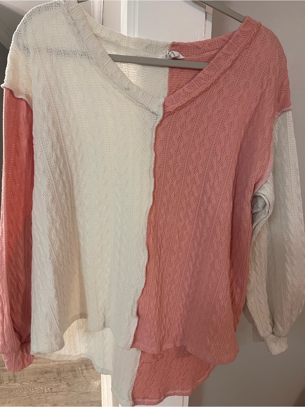 Fantastic Fawn Two-Tone Pink and Cream Knit V-Neck Sweater